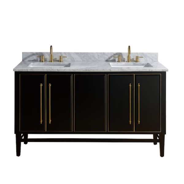 Avanity Mason 61 in. Double Sink Black with Gold Trim Bath Vanity with Carrara White Marble Top