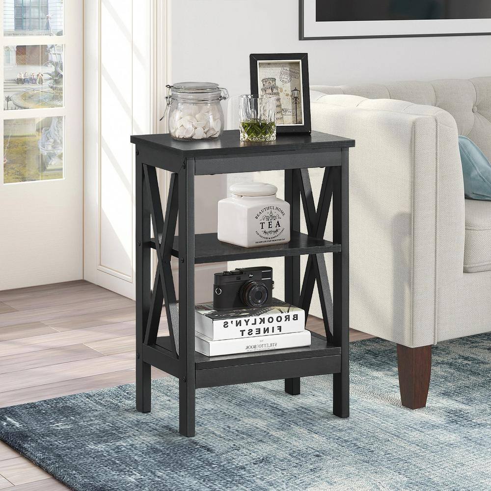3-Tier Nightstand, 1 pcs,Black Wooden Sofa Side Table with Storage Shelves, Stable Structure, 15.7"L x 11.8"W x 24.2"H