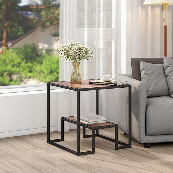 ANBAZAR 22 in. Rustic Brown Square Wood Top Coffee Table with Metal ...