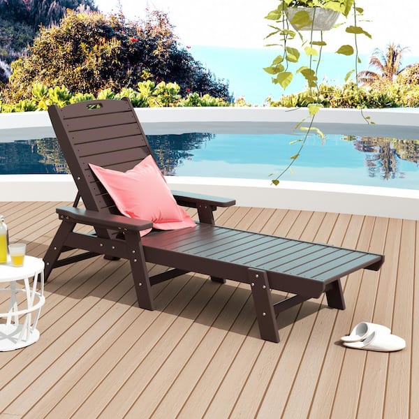 Harlo Dark Brown HDPE All Weather Fade Proof Plastic Reclining Adjustable Backrest Outdoor Patio Chaise Lounge Armchair