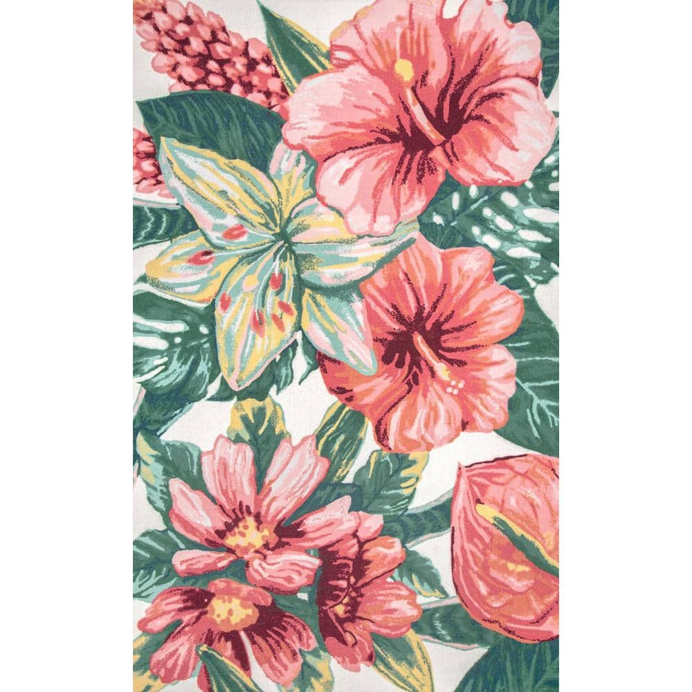 Multicolor Tropical Floral 49" Round Synthetic Indoor/Outdoor Rug