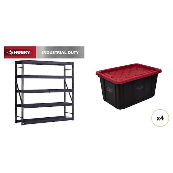 90 in. W 5-Shelf Black Metal Shelving Unit, 27 Gal. Black and Red Storage Tote (4-Count) Combo