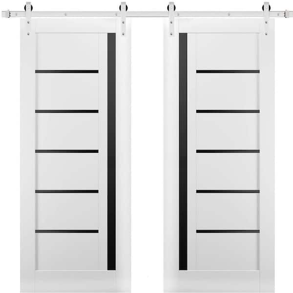 Sartodoors 18 in. x 96 in. 2 Panel Tinted Glass White Solid MDF Sliding Barn Door with Hardware Kit