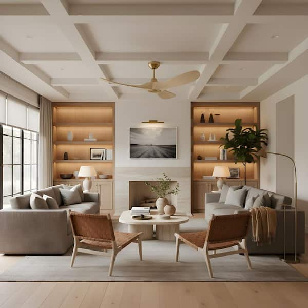 Maverick Smart 44 in., Indoor/Outdoor Burnished Brass Modern Downrod Mount Ceiling Fan with Remote Included