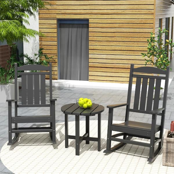 Laguna 3-Piece Classic Outdoor Patio Fade Resistant Plastic Rocking Chairs and Round Side Table Set in Gray