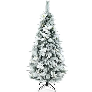 5 ft. Green PVC and PE Unlit Snow Flocked Slim Artificial Christmas Tree with Berries and White Poinsettia Flowers