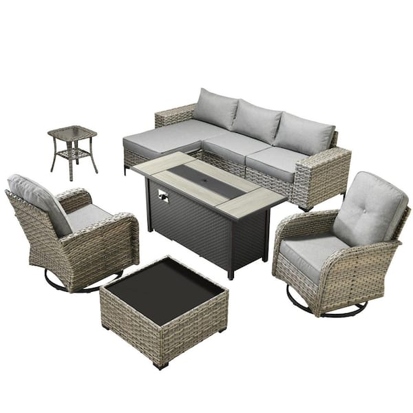 Stellaray 9 Pieces Wicker Outdoor Patio Rectangular Fire Pit Set and Swivel Rocking Chairs with Dark Gray Cushions