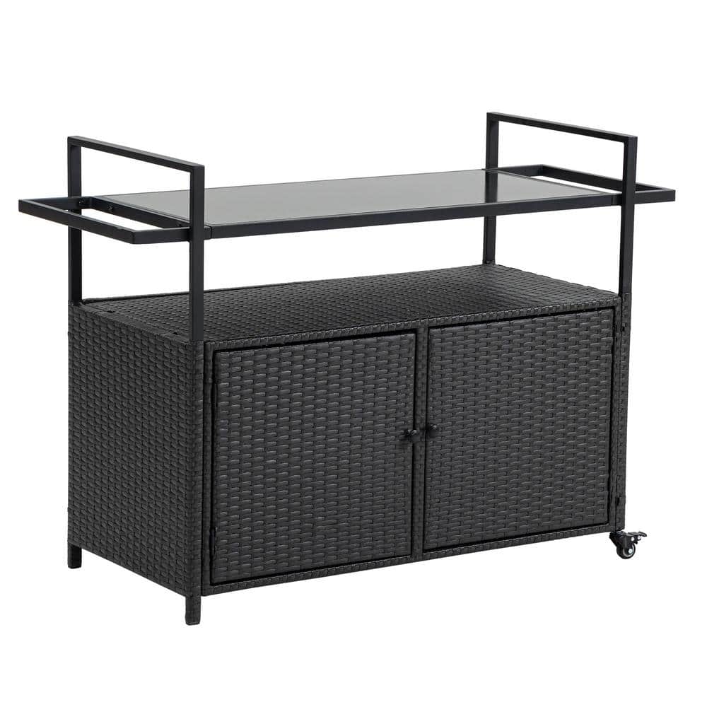 Patio Wine Serving Cart, Bar Counter Table with Wheels and Glass Top for Po