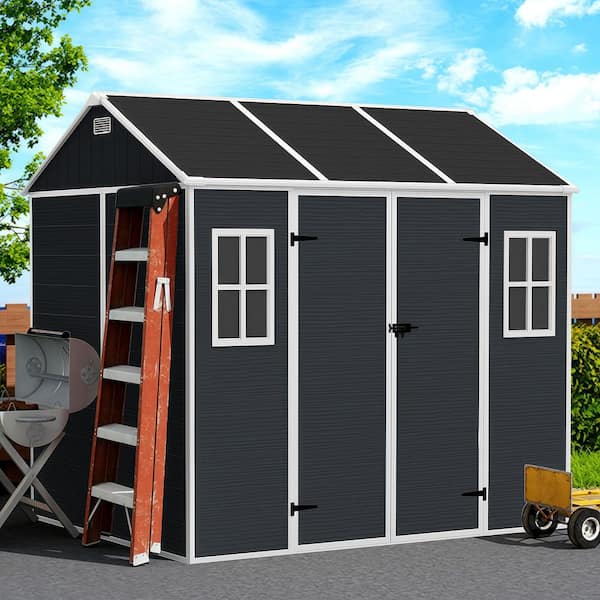 8 ft. W x 7 ft. D Resin Shed with 2-Window and Double-Door, Plastic Shed with Floor in Dark Gray (54 sq. ft. )
