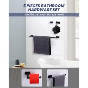 5-Piece Bath Hardware Set with Toilet Paper Holder, Hooks, Towel Bar in Black