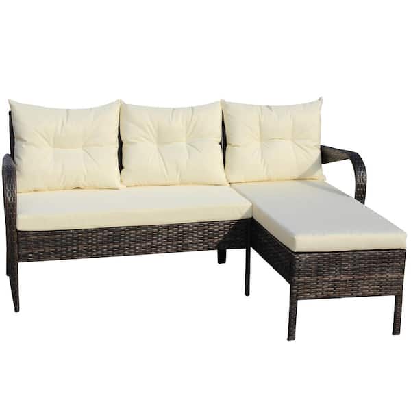Unbranded 2-Piece Wicker rattan Outdoor Conversation Sectional Sofa Suitable for courtyards terraces with Beige Cushion