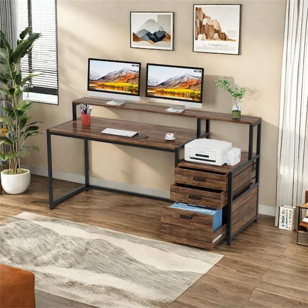 BYBLIGHT Capen 63 in. Retangular Vintage Brown Wood 3-Drawer Computer Desk with Monitor Stand Storage, Shelves for Home Office
