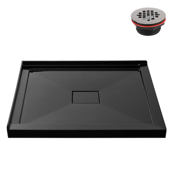 GB-2606-428-BL 42 in. x 34 in. Corner Acrylic Shower Pan Base in Glossy Black with Center Drain, Drain Included