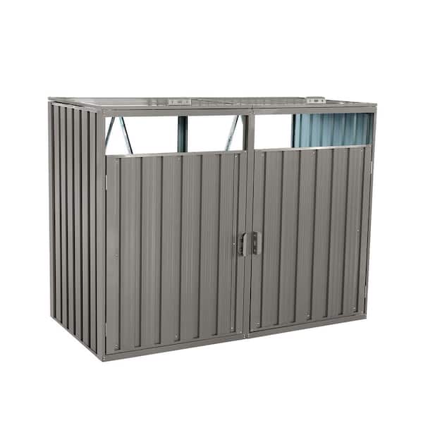 45 cu. ft. Stainless Steel Metal Outdoor Trash Can Shed with Cover for 2 Trash Cans for Garden, Patio, Lawn, Gray