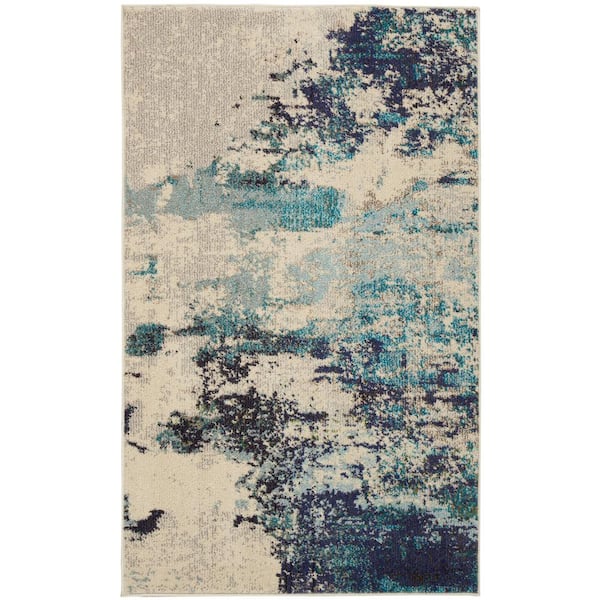 Nourison Celestial Ivory/Teal Blue 3 ft. x 5 ft. Abstract Modern Kitchen Area Rug