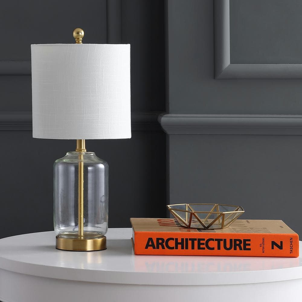 Duncan 20.5" Brass/Clear Glass Table Lamp with White Linen Shade