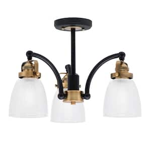 Decatur 15.25 in. 3-Light Black and Brass Semi-Flush with 5 in. Clear Ribbed Glass Shade No Bulbs Included