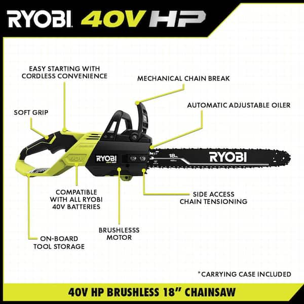 RYOBI RY40580-AC 40V HP Brushless 18 in Battery Chainsaw w/ Extra 18 in. Chain, 5.0 Ah Battery and Charger - 3