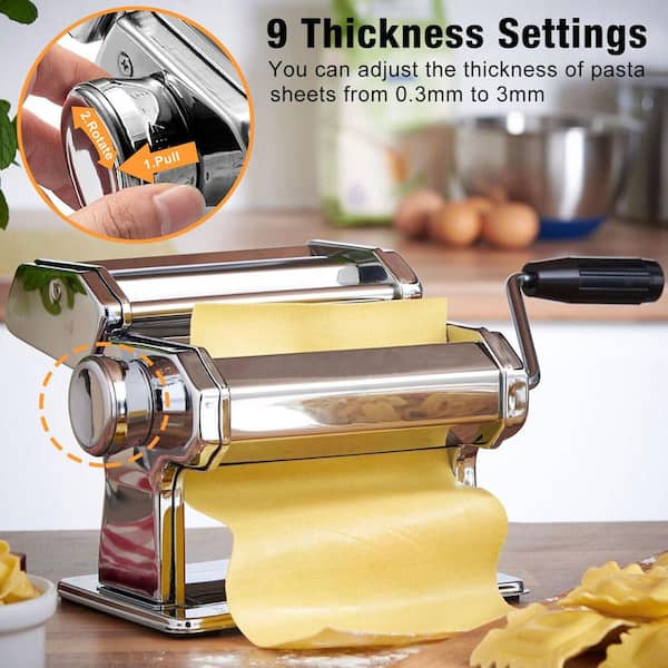 KitchenCraft World of Flavours Pasta Maker, Macchina per la pasta manuale con 9 spessori regolabili, doppia taglierina italiana Deluxe, acciaio inox, blu