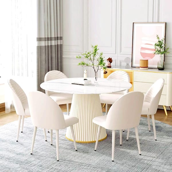 53 in. Round Sintered Stone Tabletop with White Pedestal Metal Base Kitchen Dining Table (Seats 6)