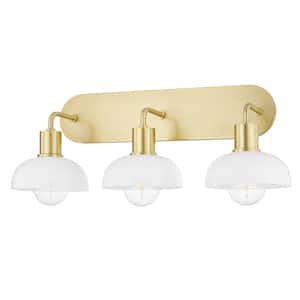 Kyla 23 in. 3-Light Aged Brass Vanity Light with Opal Glossy Glass Shade