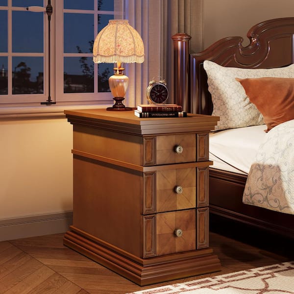 BYBLIGHT Kerlin 23.62 in. Walnut Mid-Century Modern Side Table Cabinet, Rectangle Wood End Table Cabinet Nightstand with 3-Drawer