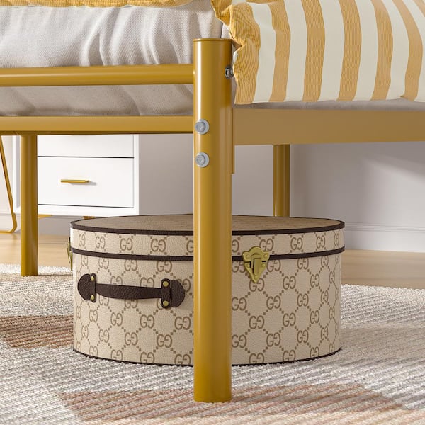 Bed Frame Gold Metal Frame Queen Platform Bed with Headboard, Sturdy Steel Slat Support, No Box Spring Needed
