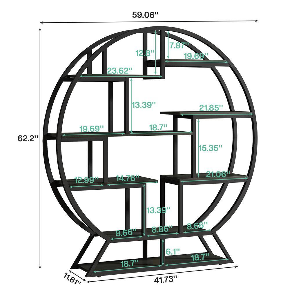 Industrial Black Round Wood Bookshelf with Staggered Shelves