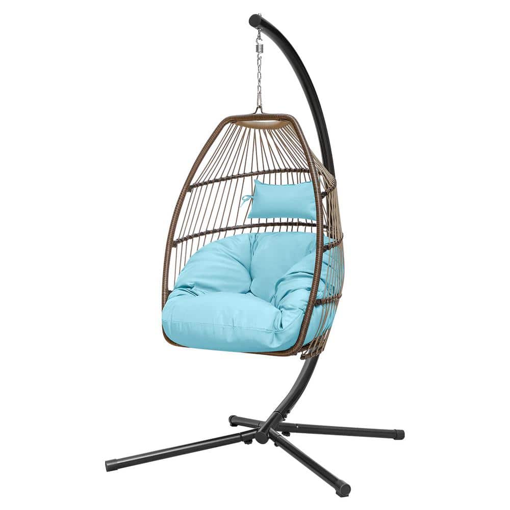 Foredawn Premium Egg Style Steel Hanging Porch Swing with Pastel Blue Cushion HK220098BU - The Home Depot