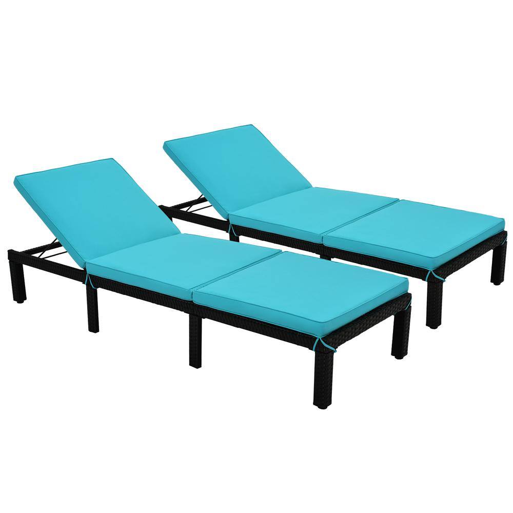 waelph Black Adjustable Backrest Reclining Wicker Outdoor Lounge Chair with Blue Cushions (Set