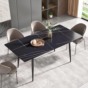 70.87 in. Black Sintered Stone Tabletop with 4 Black Metal Legs Dining Table (Seats 6)