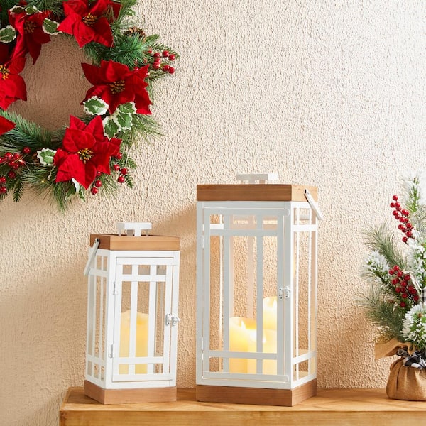 Glitzhome White Modern Square Metal/Wood Lanterns (Set of 2)