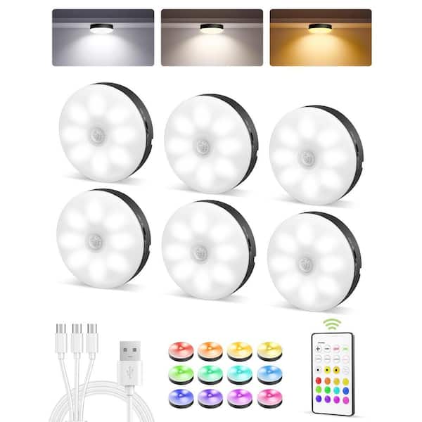 3.34 in. 6-Pack Battery Operated Wireless USB Charging Black Integrated LED Linkable Under Cabinet Light, Closet Light
