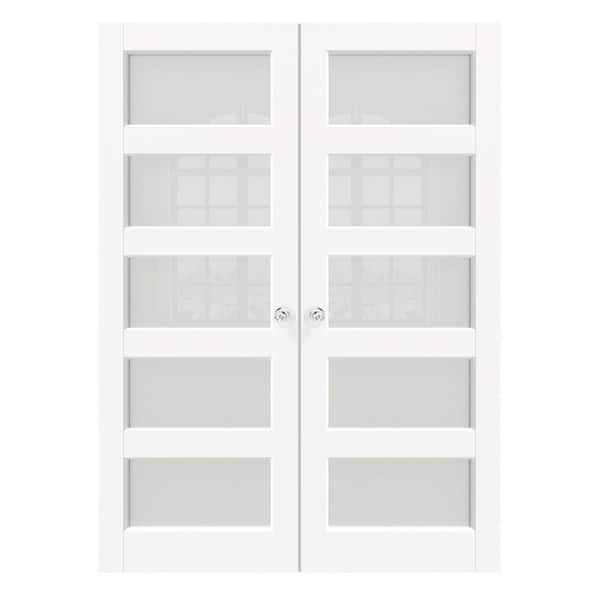 TENONER 60 in. x 80 in. MDF Composite, Primed, White, 5 Lite, Frosted Glass Interior Door Slab with Silver Sphere Doorknob