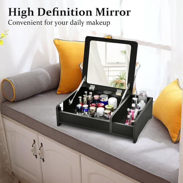 Gymax 2-in-1 Vanity Dresser w/ Flip-Top Mirror Tabletop Storage Box Makeup Laptop Black