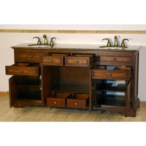 Silkroad Exclusive 72-in Red Chestnut Double Sink Bathroom Vanity with Baltic Brown Granite Top