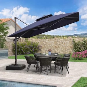 11 ft. Square 2-Tier Aluminum Cantilever 360-Degree Rotation Patio Umbrella with Base, Navy Blue