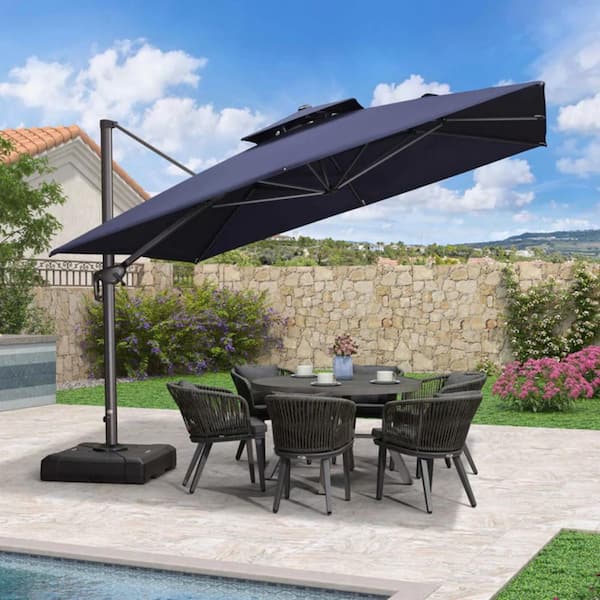 PURPLE LEAF 11 ft. Square 2-Tier Aluminum Cantilever 360-Degree Rotation Patio Umbrella with Base, Navy Blue