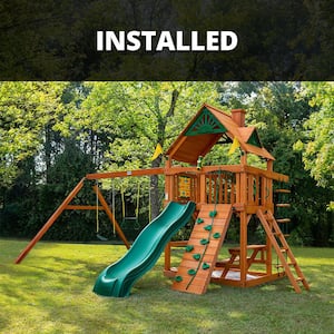 Professionally Installed Chateau Wooden Outdoor Playset with Wave Slide, Wood Roof, and Backyard Swing Set Accessories