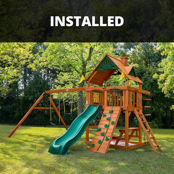 Gorilla Playsets Professionally Installed Chateau Wooden Outdoor Playset with Wave Slide, Wood Roof, and Backyard Swing Set Accessories
