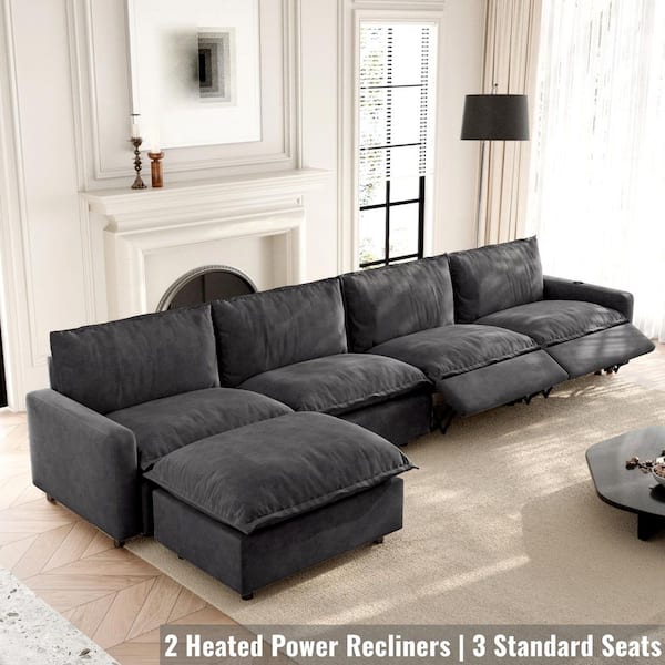 149 in. Electric Modular Reclining Sectional Sofa, Square Arm Linen 5-Pieces Sofa with Ottomans, Heat, USB Port in Gray
