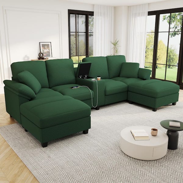 116.9 in. Corduroy Modern U-Shaped Sectional Sofa in Green with Storage Ottomans, Cup Holders, USB Ports