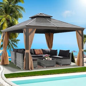 Residential 12 ft. x 12 ft. Brown Permanent Outdoor Gazebo with Privacy Curtain and Netting