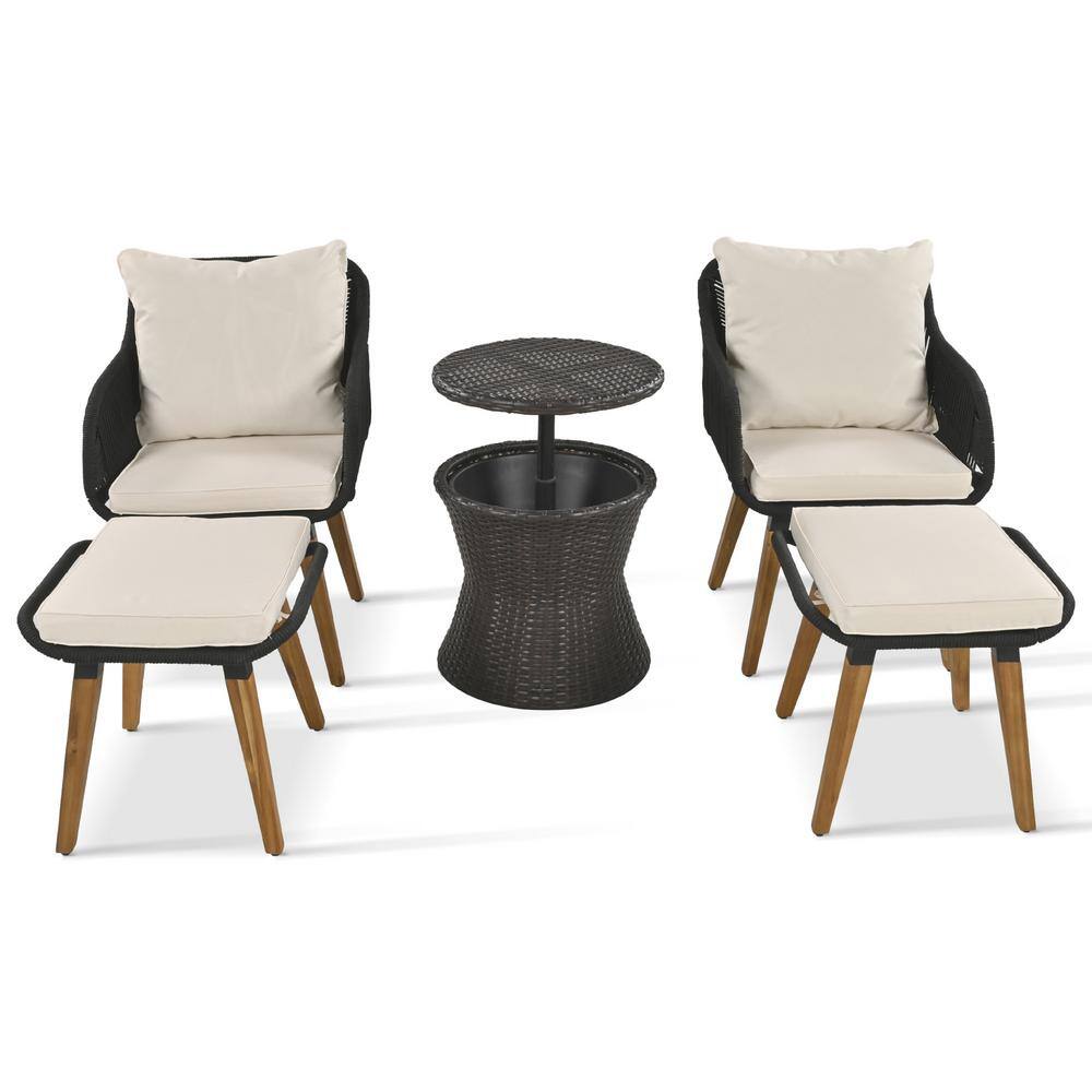 Black 5-Piece Wicker Outdoor Bistro Set with Beige Cushions, Cool Bar Table, Ottomans for Porch, Backyard, Balcony price history on PriceWatchPro