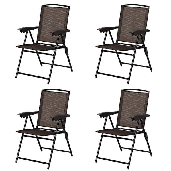 Costway 21 in. W x 33 in. D x 15 in. H Brown Metal Armrest Folding Chairs Patio Garden Camping (Set of 4-Chairs)