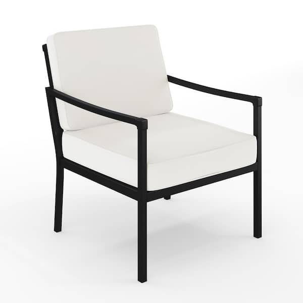 Lily Pond Set of 2 Indoor-Outdoor Patio Accent Chairs with Steel Frames in Black with Cream All-Weather Cushions