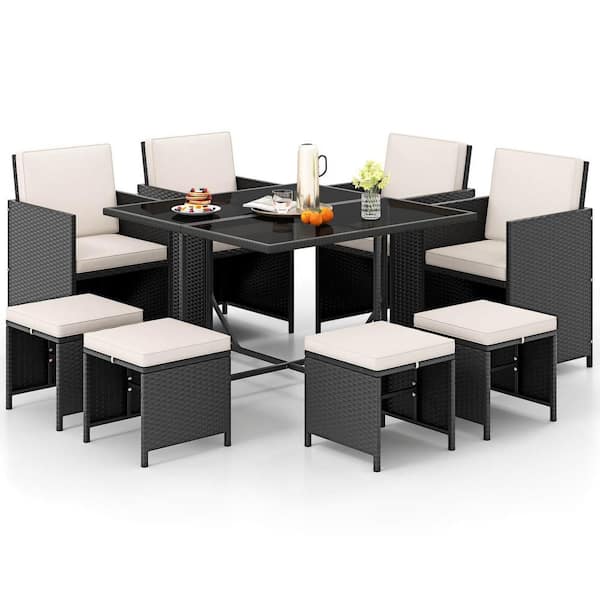 9-Piece Wicker Outdoor Dining Set with Tempered Glass Table & Ottoman off-White Removable Cushions