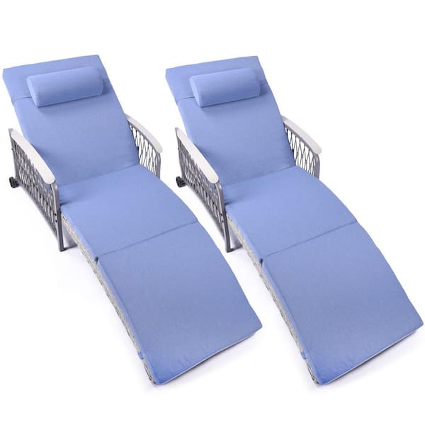 Gray Wicker Outdoor Chaise Lounge with Blue Cushions for Backyard Porch Poolside Garden