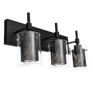 Lenox 18.7 in. 3-Light Vanity Light Fixture with Clear Glass and Metal Mesh Black Bathroom Wall Sconces
