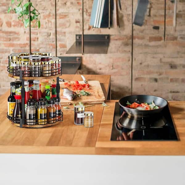 2-Tier Adjustable Height Rotating Spice Racks Spice Organizer Turntable in Brown for Kitchen Cabinet Countertop Pantry